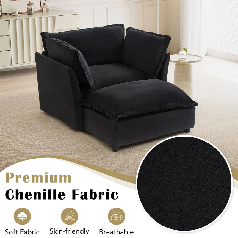 Armchair Sofa Chenille Upholstery Wide Seat & Curved Armrests With Ottoman