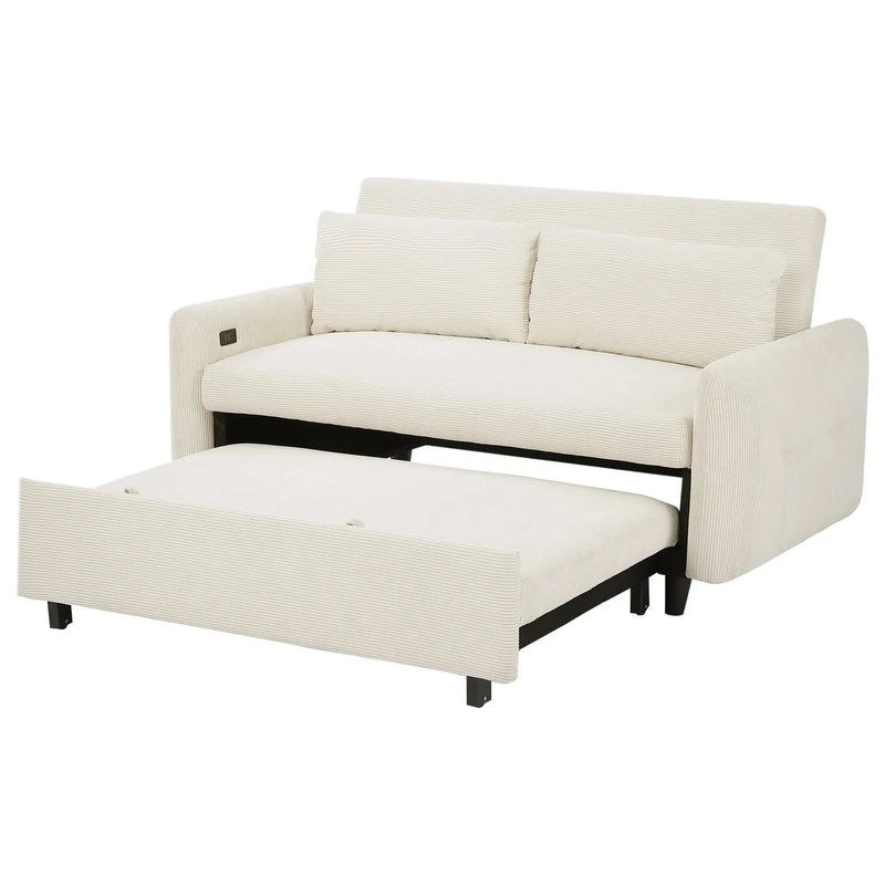 Convertible Sofa Bed Corduroy Beige With USB Ports Removable Pillows