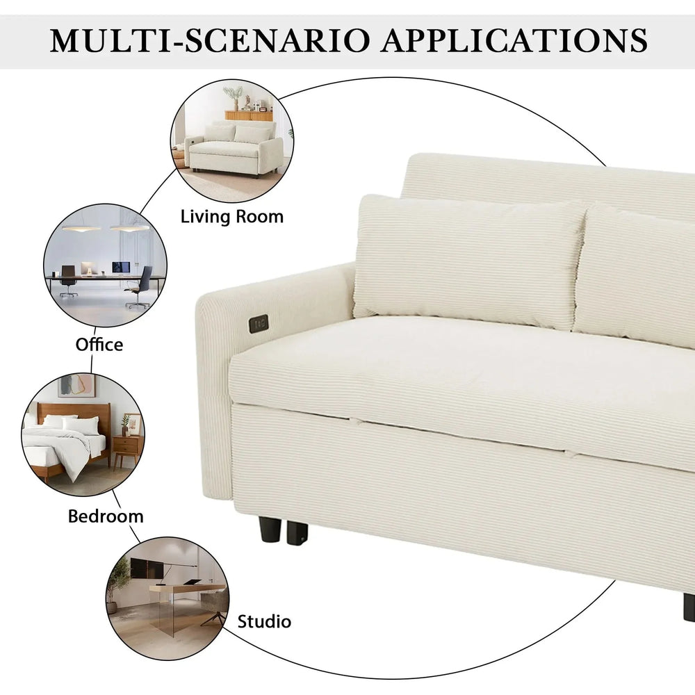 Convertible Sofa Bed Corduroy Beige With USB Ports Removable Pillows Media 7