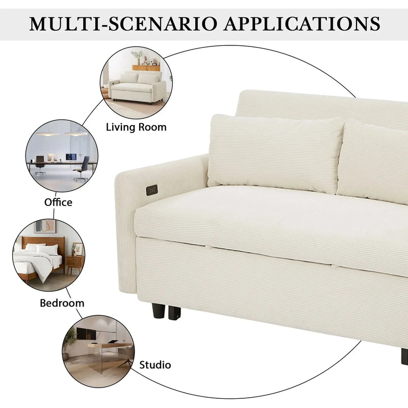 Convertible Sofa Bed Corduroy Beige With USB Ports Removable Pillows