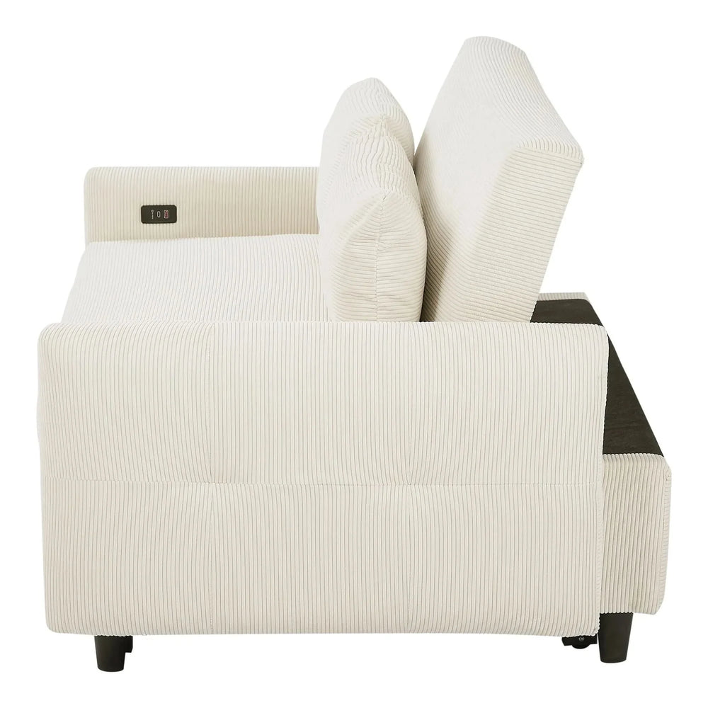 Convertible Sofa Bed Corduroy Beige With USB Ports Removable Pillows Media 13