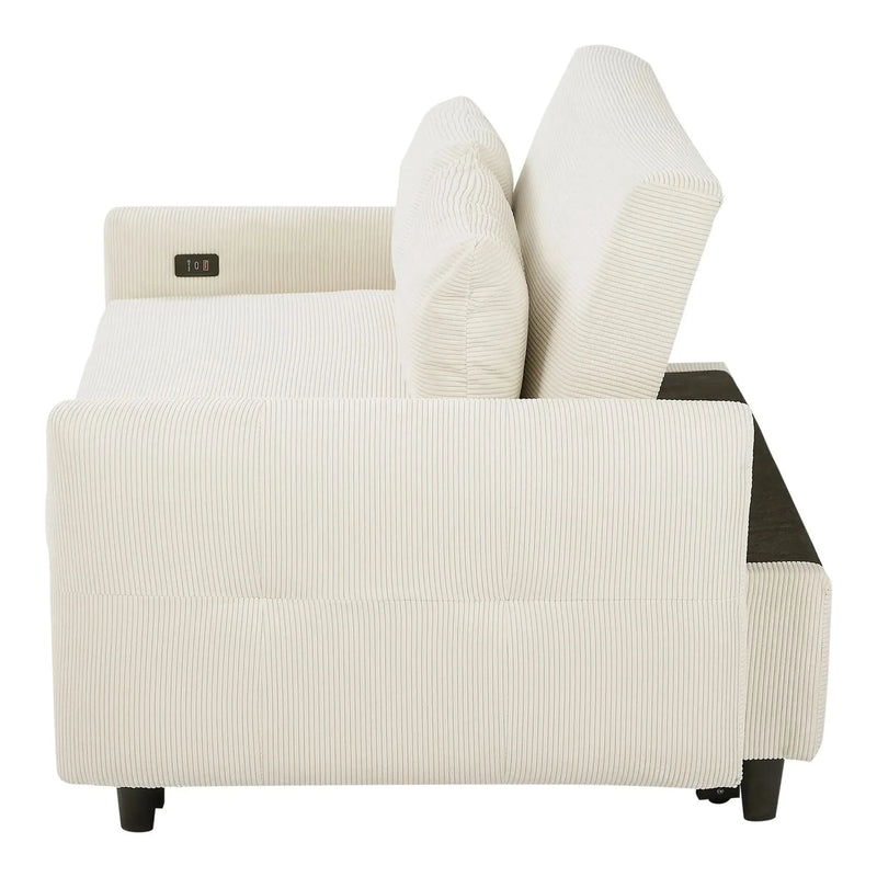 Convertible Sofa Bed Corduroy Beige With USB Ports Removable Pillows