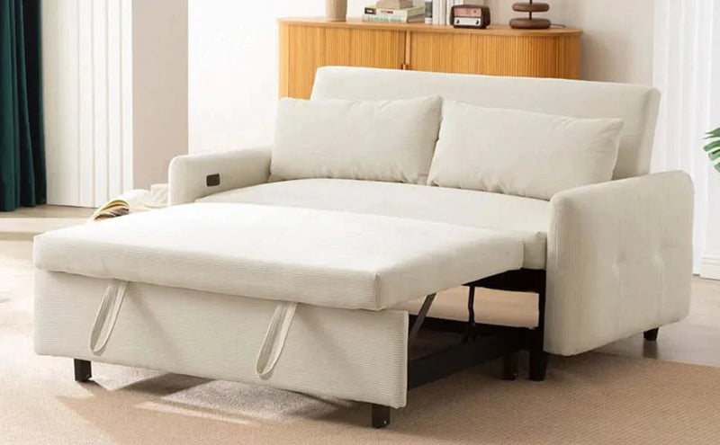 Convertible Sofa Bed Corduroy Beige With USB Ports Removable Pillows