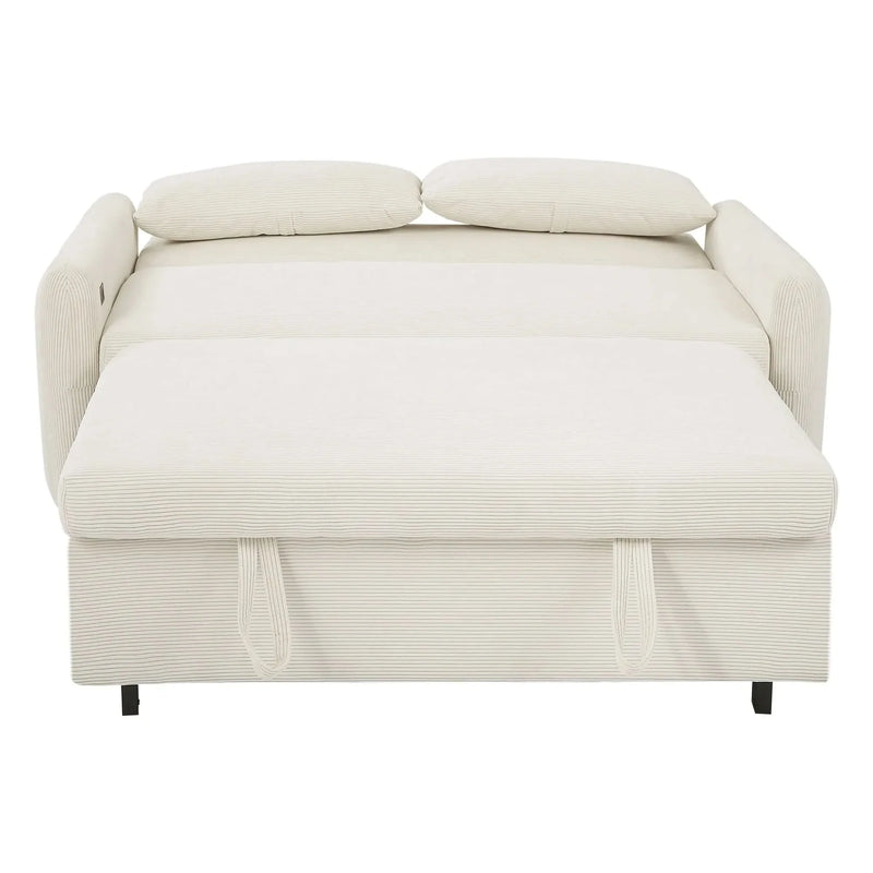 Convertible Sofa Bed Corduroy Beige With USB Ports Removable Pillows