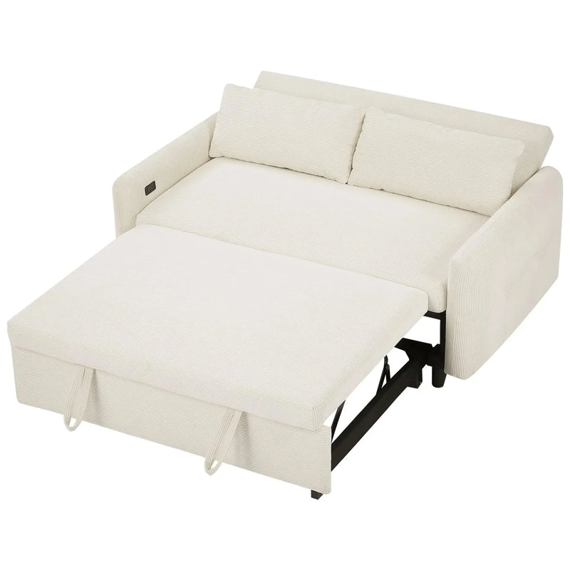 Convertible Sofa Bed Corduroy Beige With USB Ports Removable Pillows