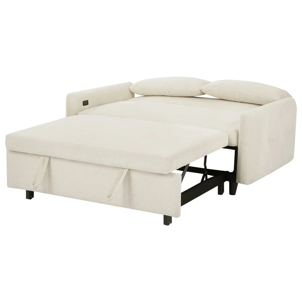 Convertible Sofa Bed Corduroy Beige With USB Ports Removable Pillows Media 23