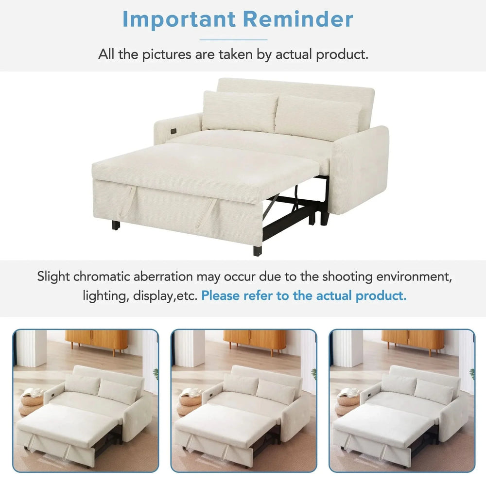 Convertible Sofa Bed Corduroy Beige With USB Ports Removable Pillows Media 8