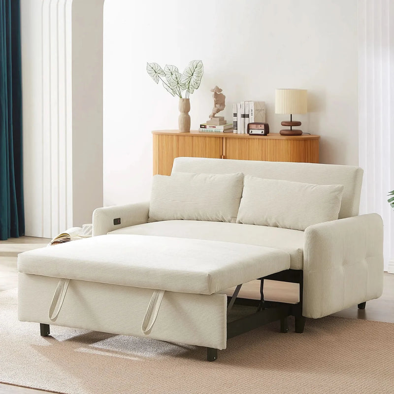 Convertible Sofa Bed Corduroy Beige With USB Ports Removable Pillows