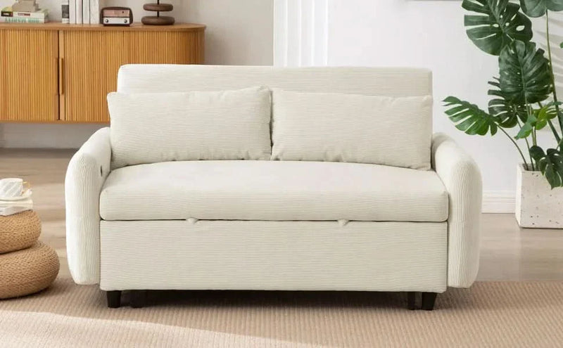 Convertible Sofa Bed Corduroy Beige With USB Ports Removable Pillows