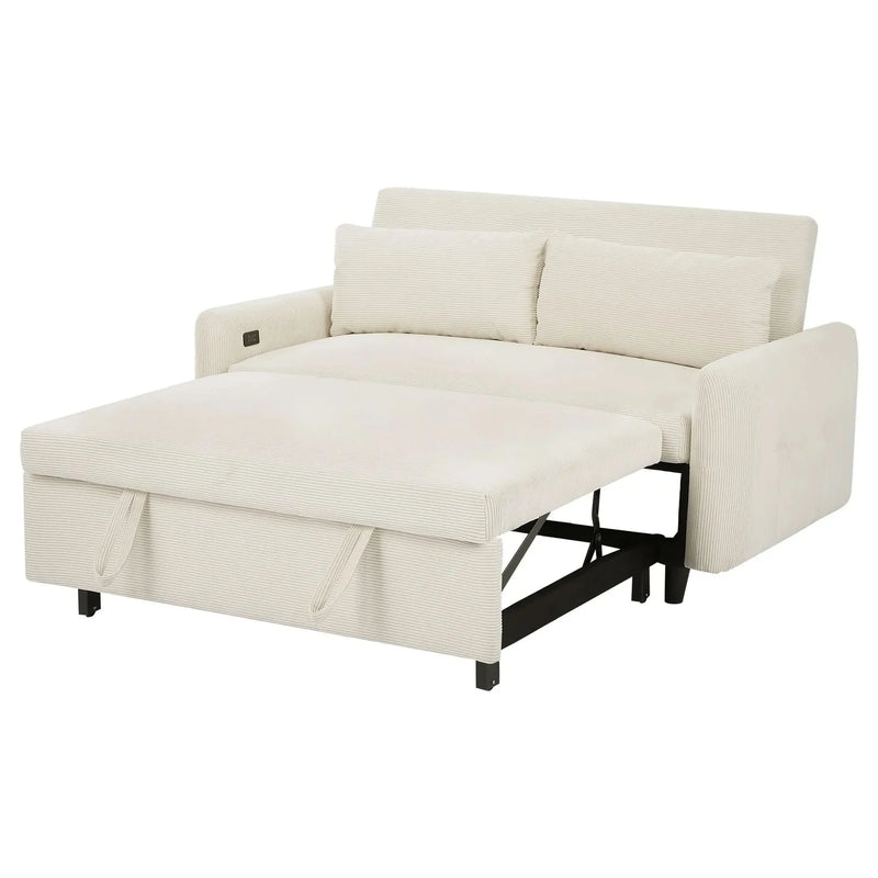 Convertible Sofa Bed Corduroy Beige With USB Ports Removable Pillows