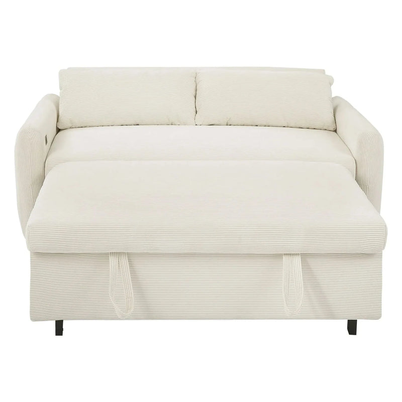 Convertible Sofa Bed Corduroy Beige With USB Ports Removable Pillows