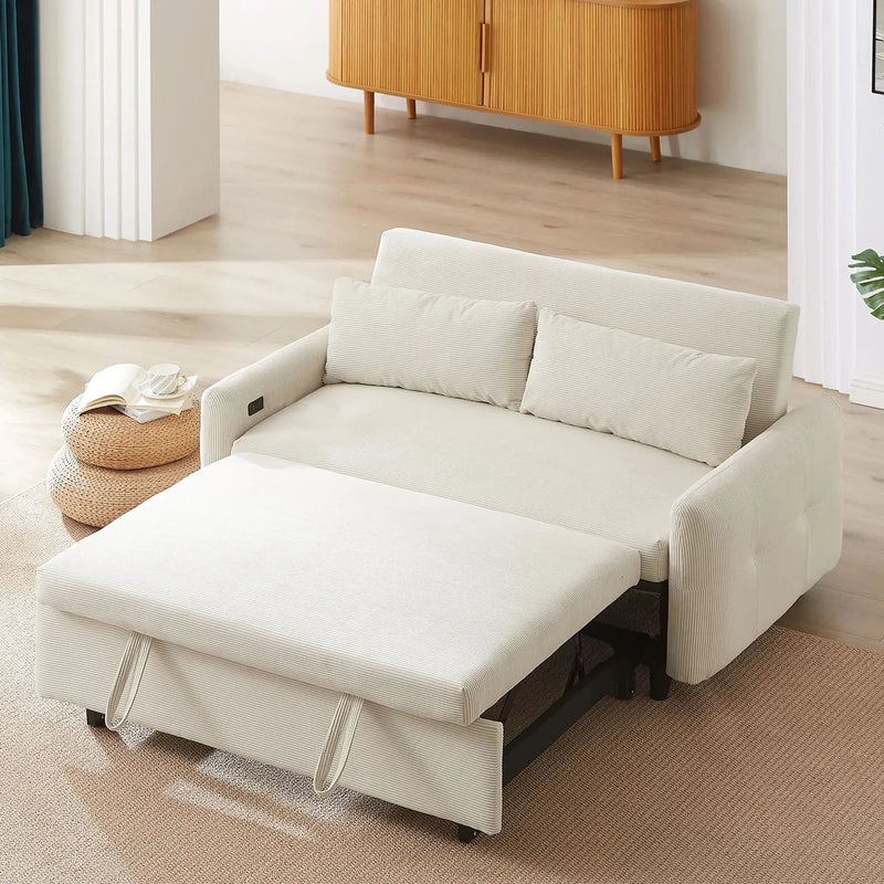 Convertible Sofa Bed Corduroy Beige With USB Ports Removable Pillows