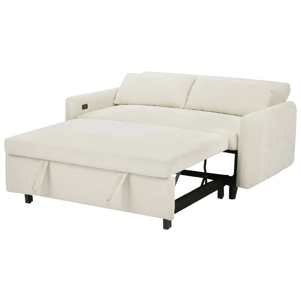 Convertible Sofa Bed Corduroy Beige With USB Ports Removable Pillows Media 21