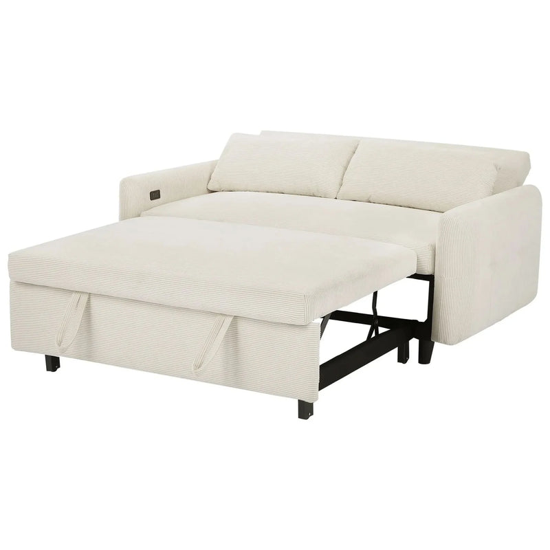 Convertible Sofa Bed Corduroy Beige With USB Ports Removable Pillows