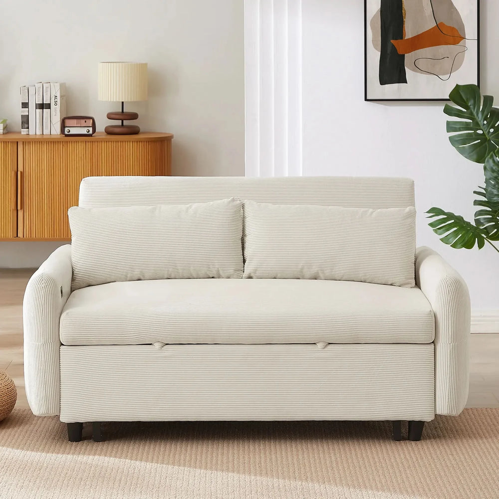 Convertible Sofa Bed Corduroy Beige With USB Ports Removable Pillows Media 9