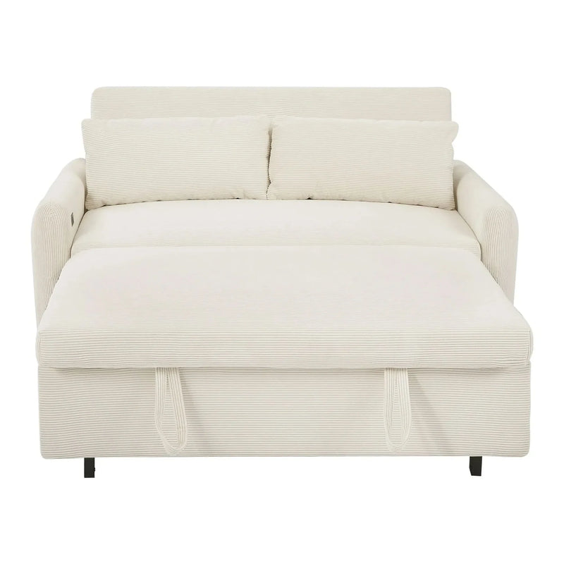 Convertible Sofa Bed Corduroy Beige With USB Ports Removable Pillows