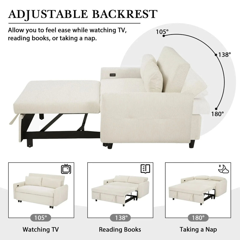 Convertible Sofa Bed Corduroy Beige With USB Ports Removable Pillows