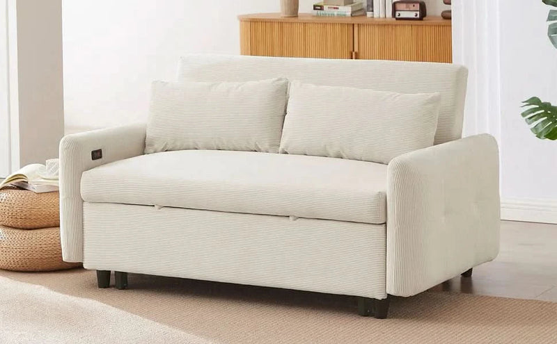 Convertible Sofa Bed Corduroy Beige With USB Ports Removable Pillows