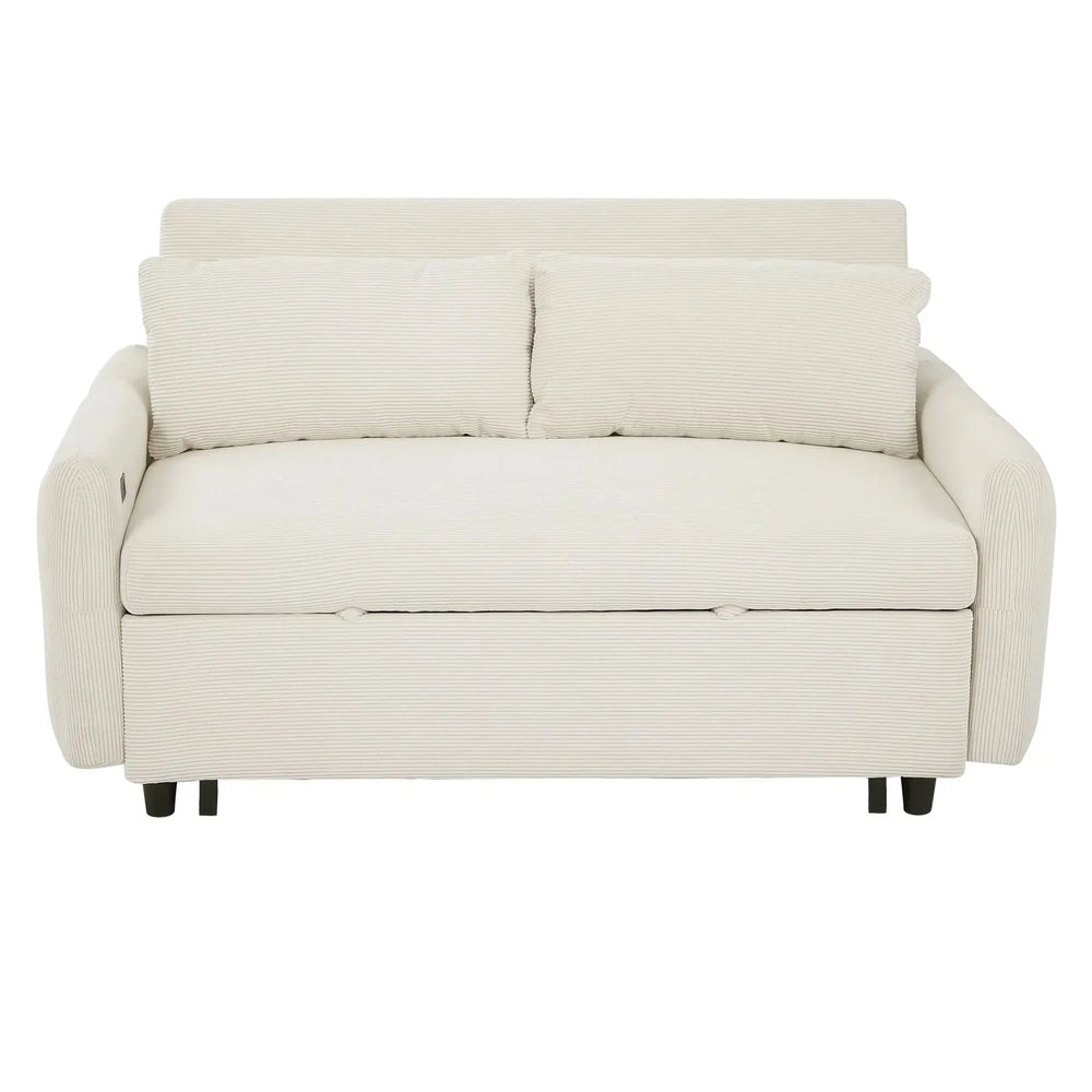 Convertible Sofa Bed Corduroy Beige With USB Ports Removable Pillows Media 12