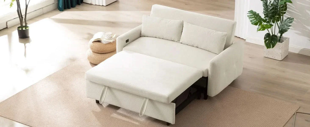 Convertible Sofa Bed Corduroy Beige With USB Ports Removable Pillows Media 36