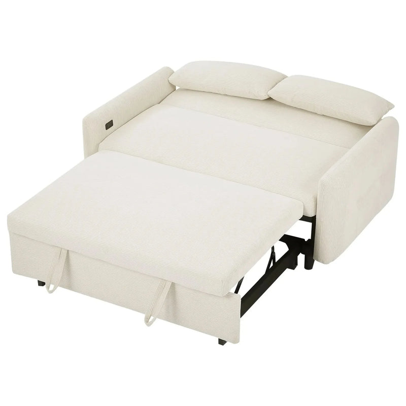 Convertible Sofa Bed Corduroy Beige With USB Ports Removable Pillows