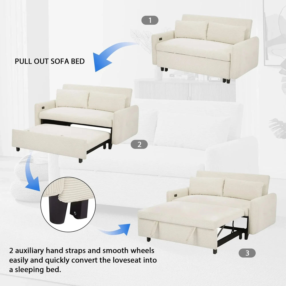 Convertible Sofa Bed Corduroy Beige With USB Ports Removable Pillows Media 5