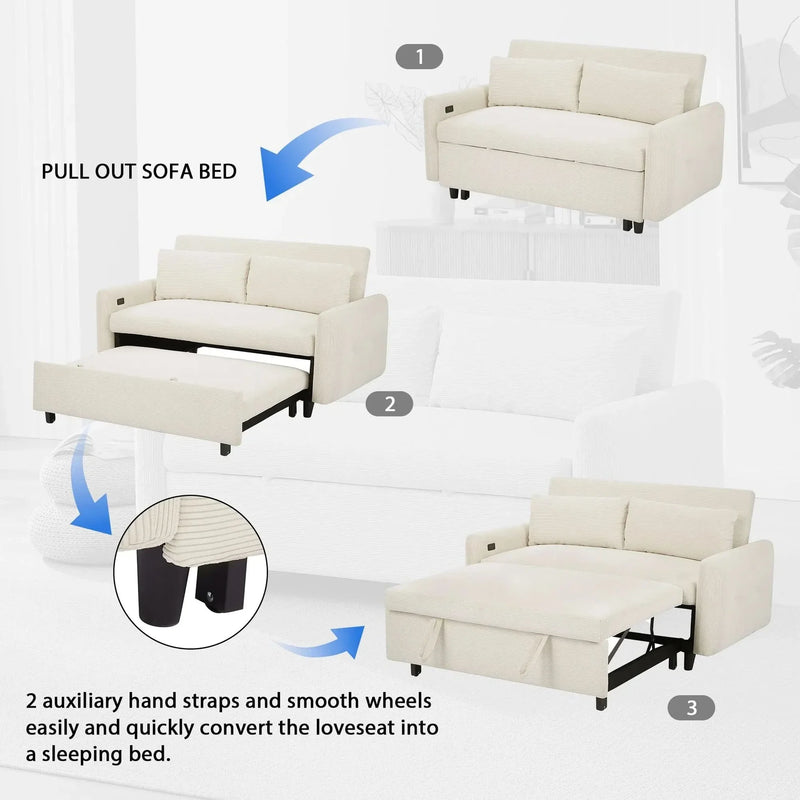 Convertible Sofa Bed Corduroy Beige With USB Ports Removable Pillows