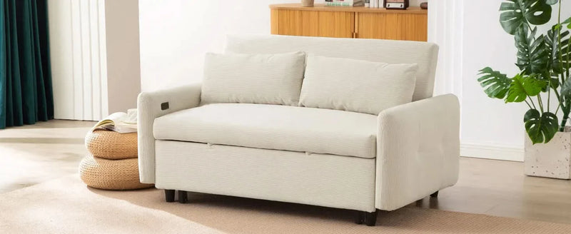 Convertible Sofa Bed Corduroy Beige With USB Ports Removable Pillows