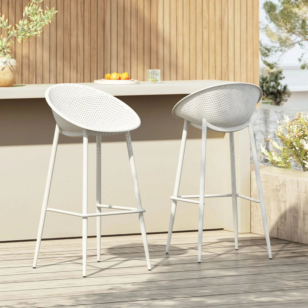 Outdoor Bar Stool Pair Iron & Plastic White Weather Resistant For Patio Media 2