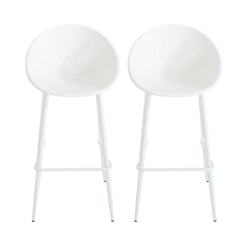 Outdoor Bar Stool Pair Iron & Plastic White Weather Resistant For Patio