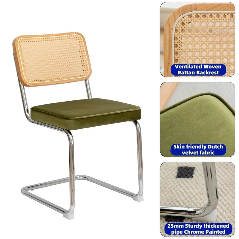 Dining Chairs Fabric & Metal Olive Green With Chrome Mid Century Cantilever Legs