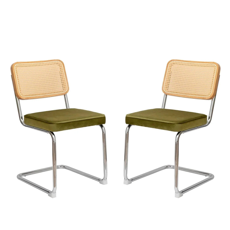 Dining Chairs Fabric & Metal Olive Green With Chrome Mid Century Cantilever Legs