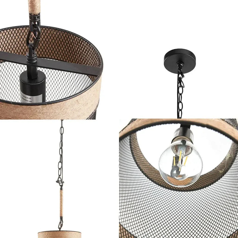 Pendant Light Natural Rope & Metal Mesh Iron Cylinder Industrial Style