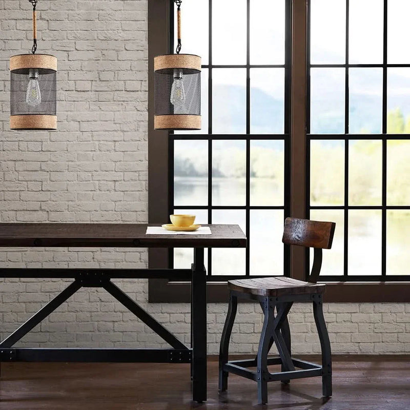 Pendant Light Natural Rope & Metal Mesh Iron Cylinder Industrial Style