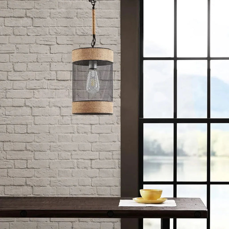 Pendant Light Natural Rope & Metal Mesh Iron Cylinder Industrial Style