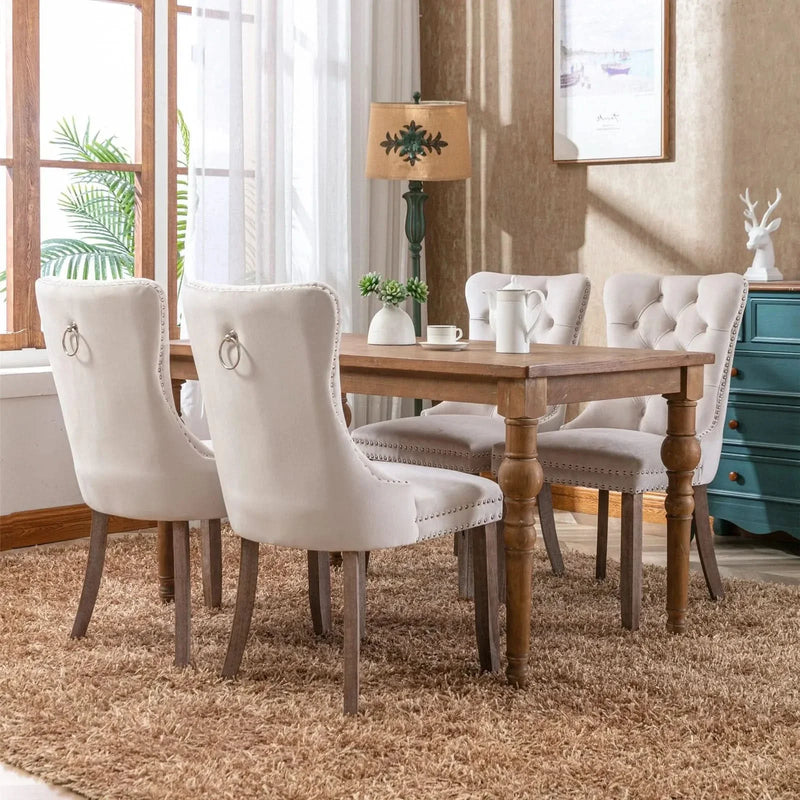 Velvet Dining Chair Tufted Solid Wood Frame Nailhead Trim Beige 2-Pcs Set
