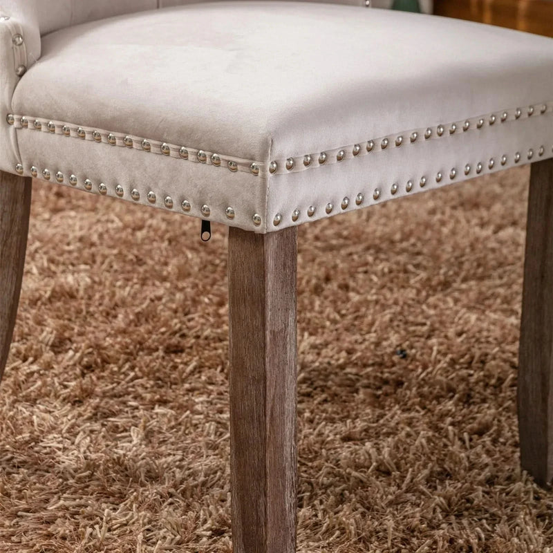 Velvet Dining Chair Tufted Solid Wood Frame Nailhead Trim Beige 2-Pcs Set