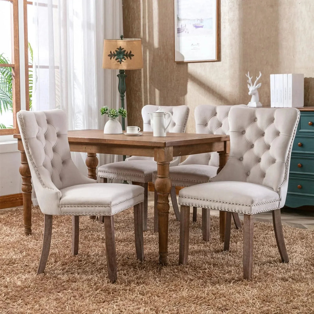 Velvet Dining Chair Tufted Solid Wood Frame Nailhead Trim Beige 2-Pcs Set Media 12