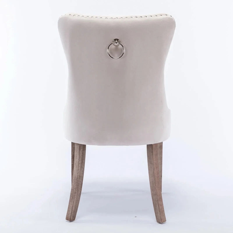 Velvet Dining Chair Tufted Solid Wood Frame Nailhead Trim Beige 2-Pcs Set