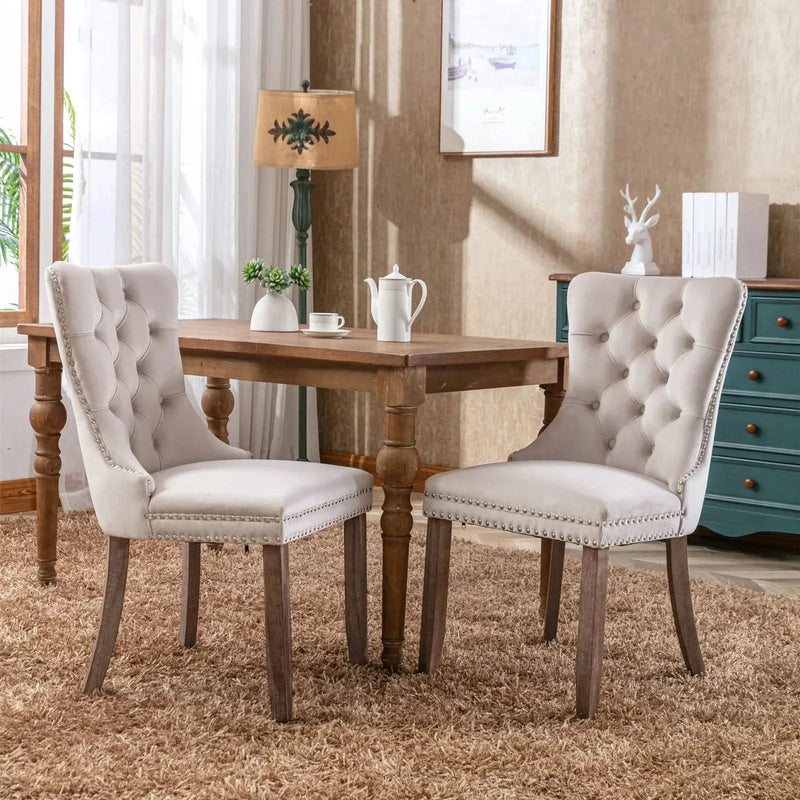Velvet Dining Chair Tufted Solid Wood Frame Nailhead Trim Beige 2-Pcs Set