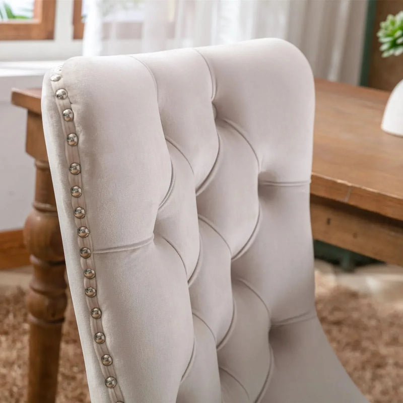 Velvet Dining Chair Tufted Solid Wood Frame Nailhead Trim Beige 2-Pcs Set