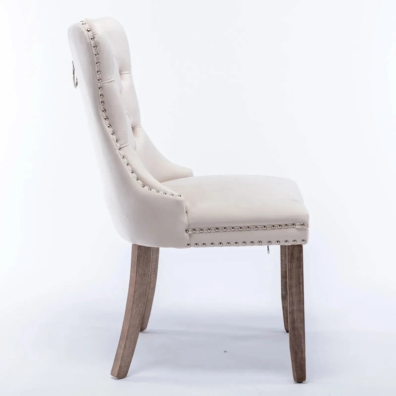 Velvet Dining Chair Tufted Solid Wood Frame Nailhead Trim Beige 2-Pcs Set
