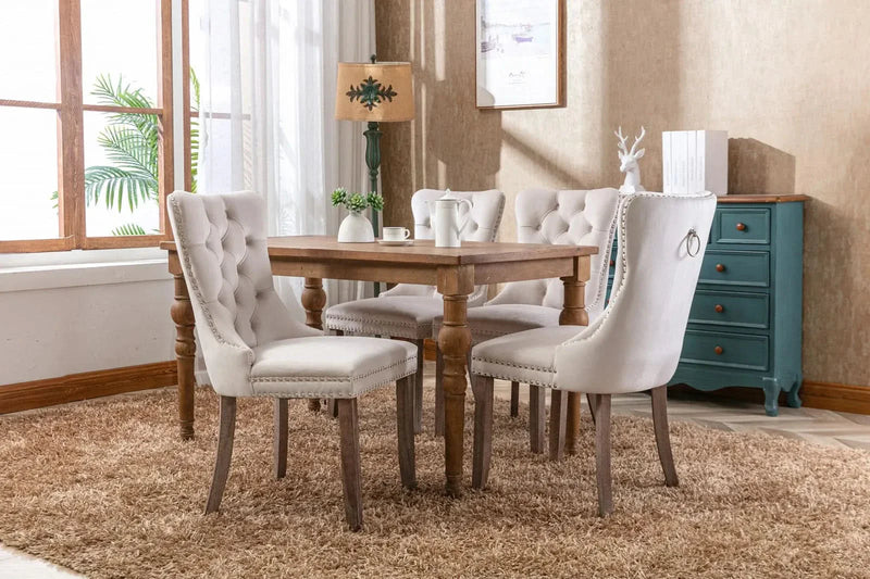 Velvet Dining Chair Tufted Solid Wood Frame Nailhead Trim Beige 2-Pcs Set