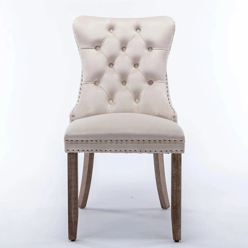 Velvet Dining Chair Tufted Solid Wood Frame Nailhead Trim Beige 2-Pcs Set