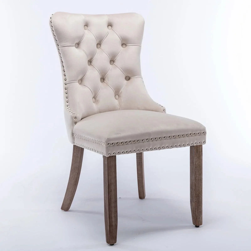 Velvet Dining Chair Tufted Solid Wood Frame Nailhead Trim Beige 2-Pcs Set