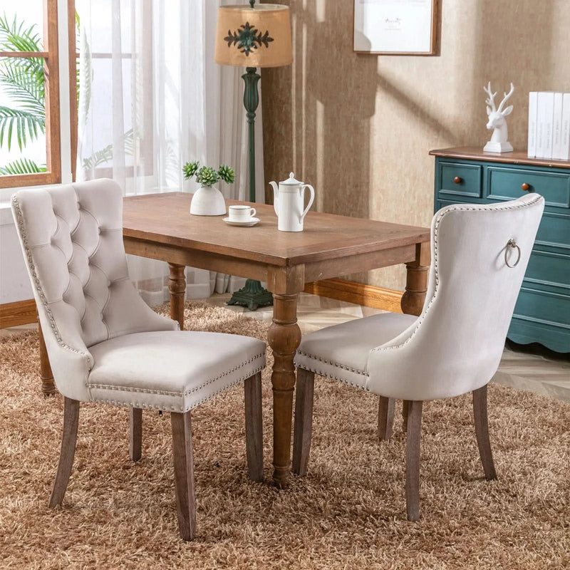 Velvet Dining Chair Tufted Solid Wood Frame Nailhead Trim Beige 2-Pcs Set