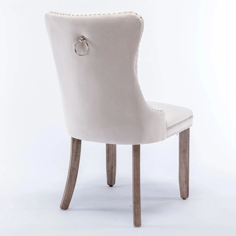 Velvet Dining Chair Tufted Solid Wood Frame Nailhead Trim Beige 2-Pcs Set