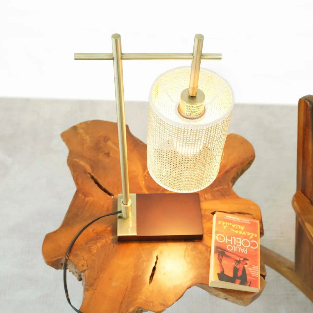 Table Lamp Moonstone Bamboo Lampshade Metal Bronze Base Nordic Style Media 4