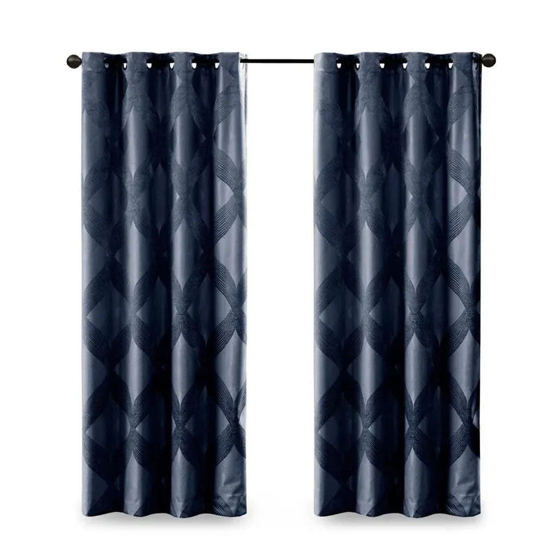 Total Blackout Curtain Panel Ogee Jacquard Polyester Navy Light Blocking