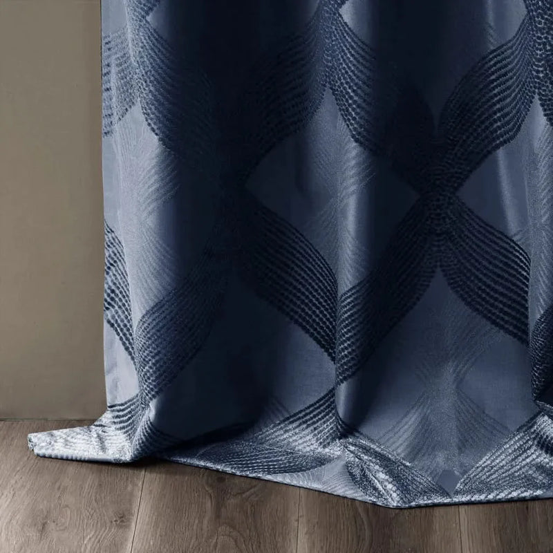 Total Blackout Curtain Panel Ogee Jacquard Polyester Navy Light Blocking
